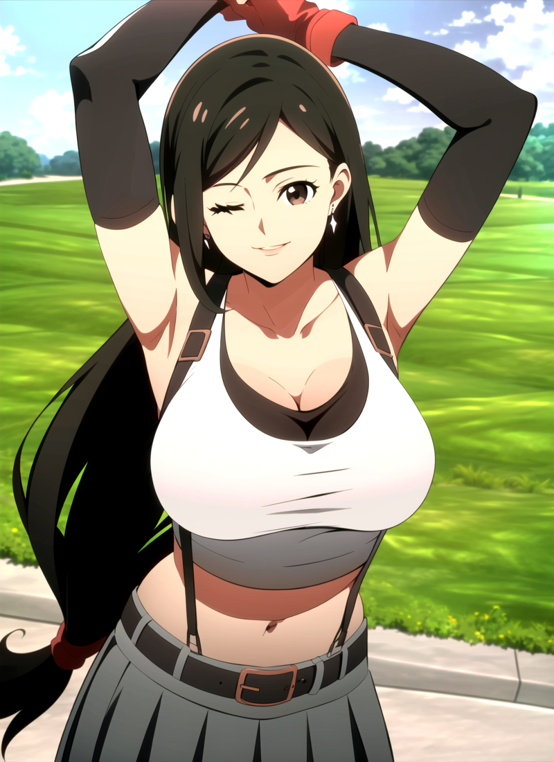 3978531665-3310753070-promisedNeverland , tifa lockhart, 1girl, thick lips, arm up, armpits, artist name, belt, black hair, breasts, brown eyes, cleav.png